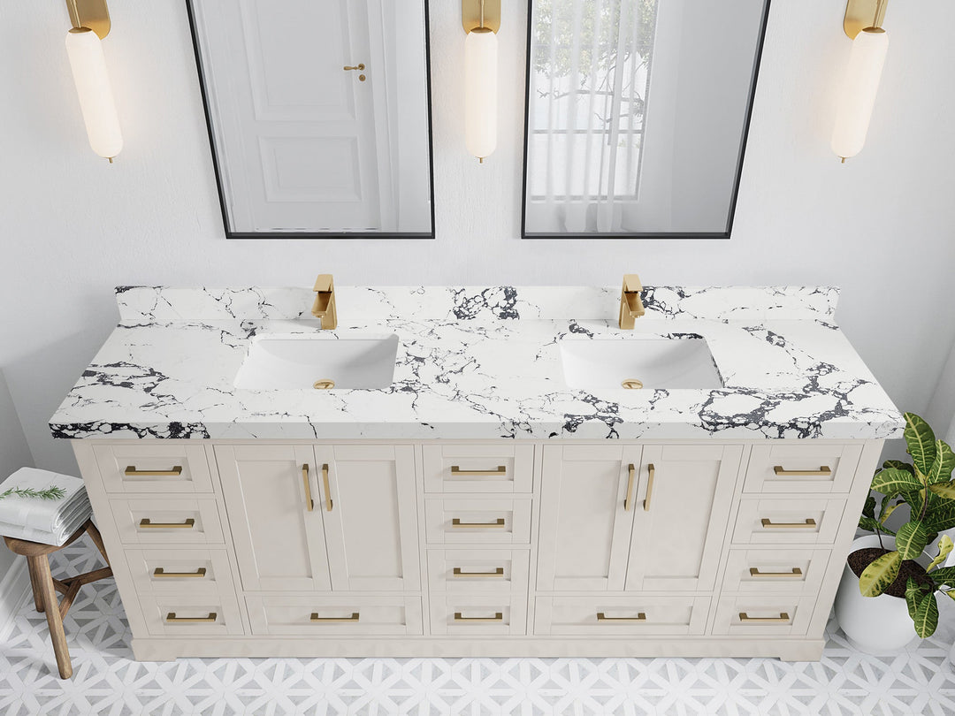 Boston 84 in. W x 22 in. D Double Sink Bathroom Vanity in Fine Grain with 2 in Viola Night Quartz Countertop - Top View