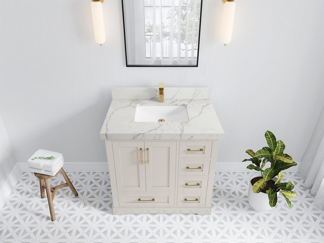 Boston 36 in. W x 22 in. D Single Sink Bathroom Vanity in Fine Grain with 2 in Venatino Quartz Countertop - Top View