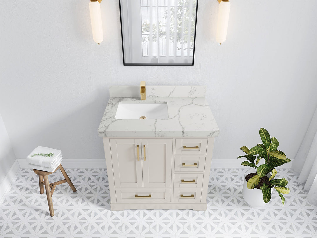 Boston 36 in. W x 22 in. D Single Sink Bathroom Vanity in Fine Grain with 2 in Venatino Quartz Countertop - Top View