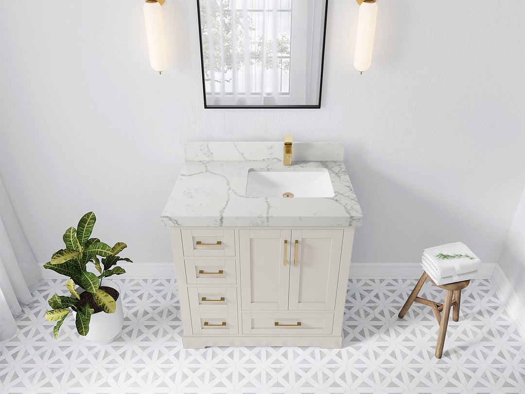 Boston 36 in. W x 22 in. D Single Sink Bathroom Vanity in Fine Grain with 2 in Venatino Quartz Countertop - Top View