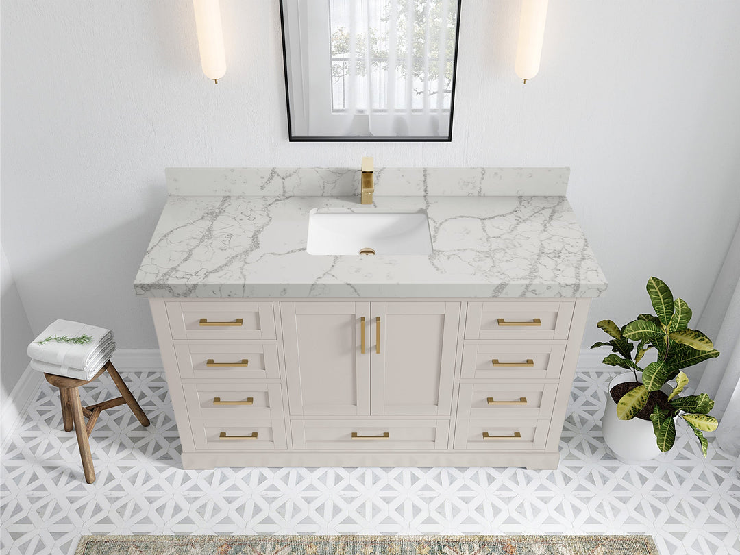 Boston 60 in. W x 22 in. D Single Sink Bathroom Vanity in Fine Grain with 2 in Venatino Quartz Countertop - Top View