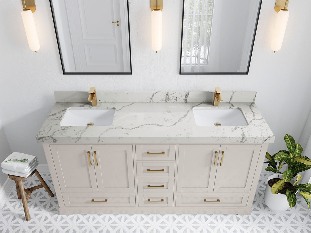 Boston 72 in. W x 22 in. D Double Sink Bathroom Vanity in Fine Grain with 2 in Venatino Quartz Countertop - Top View