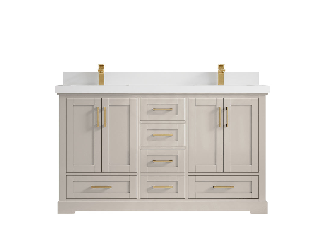 Boston 60 in. W x 22 in. D Double Sink Bathroom Vanity in Fine Grain with 2 in White Quartz Countertop