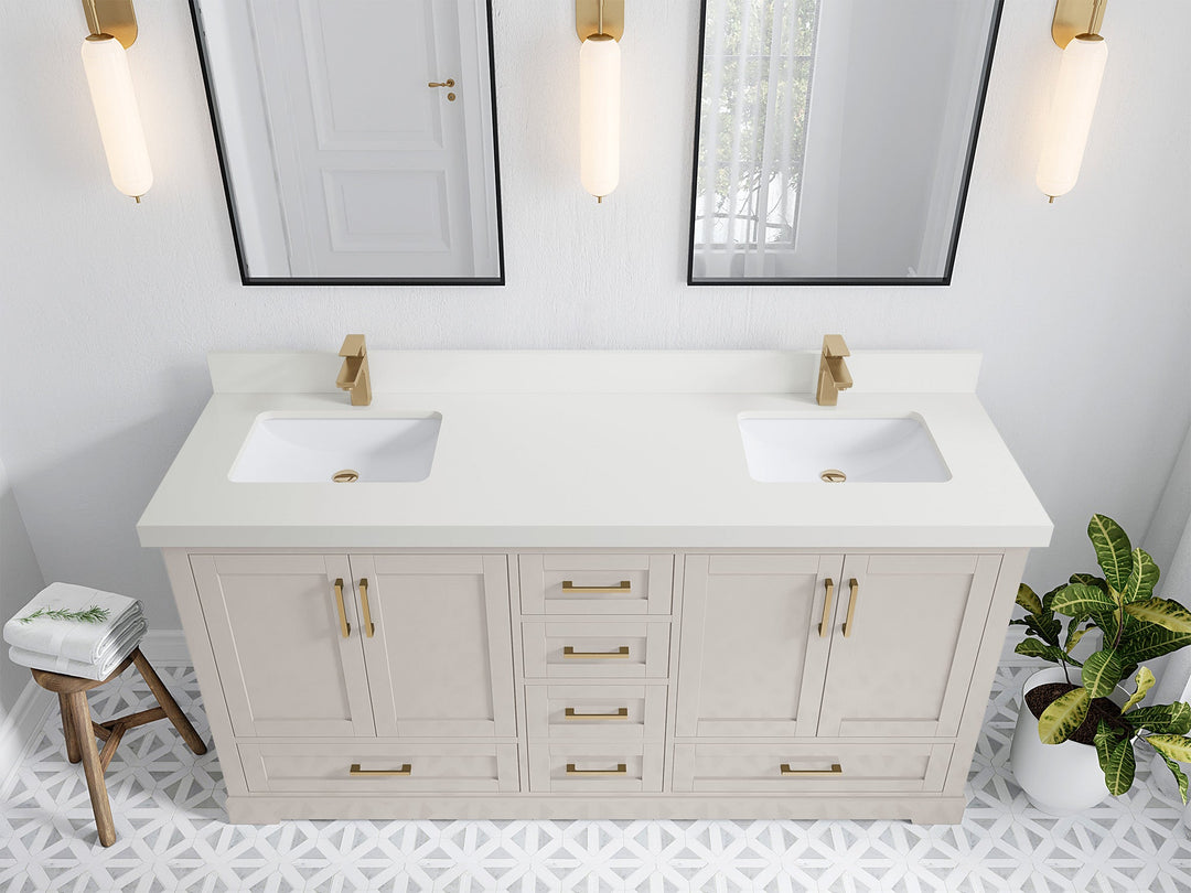 Boston 72 in. W x 22 in. D Double Sink Bathroom Vanity in Fine Grain with 2 in White Quartz Countertop - Top View