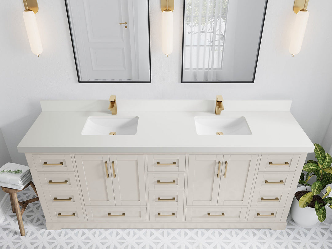 Boston 84 in. W x 22 in. D Double Sink Bathroom Vanity in Fine Grain with 2 in White Quartz Countertop - Top View
