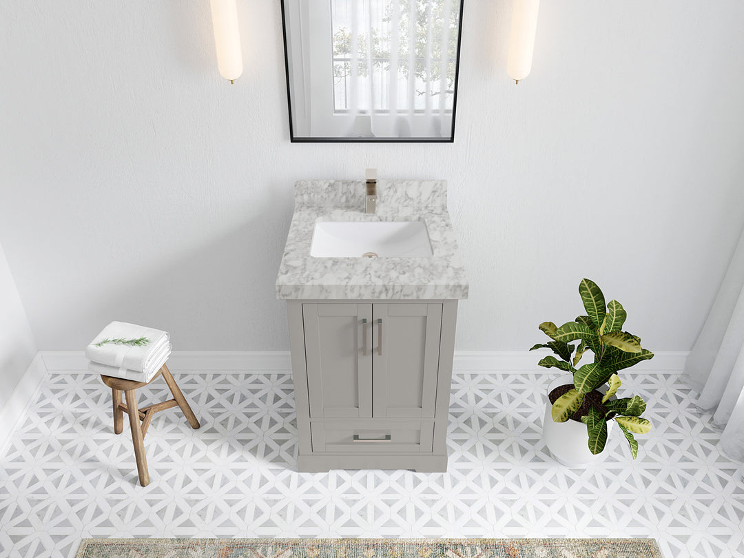 Boston 24 in. W x 22 in. D Single Sink Bathroom Vanity in Elephant Skin Gray with 2 in Carrara Marble Countertop - Top View