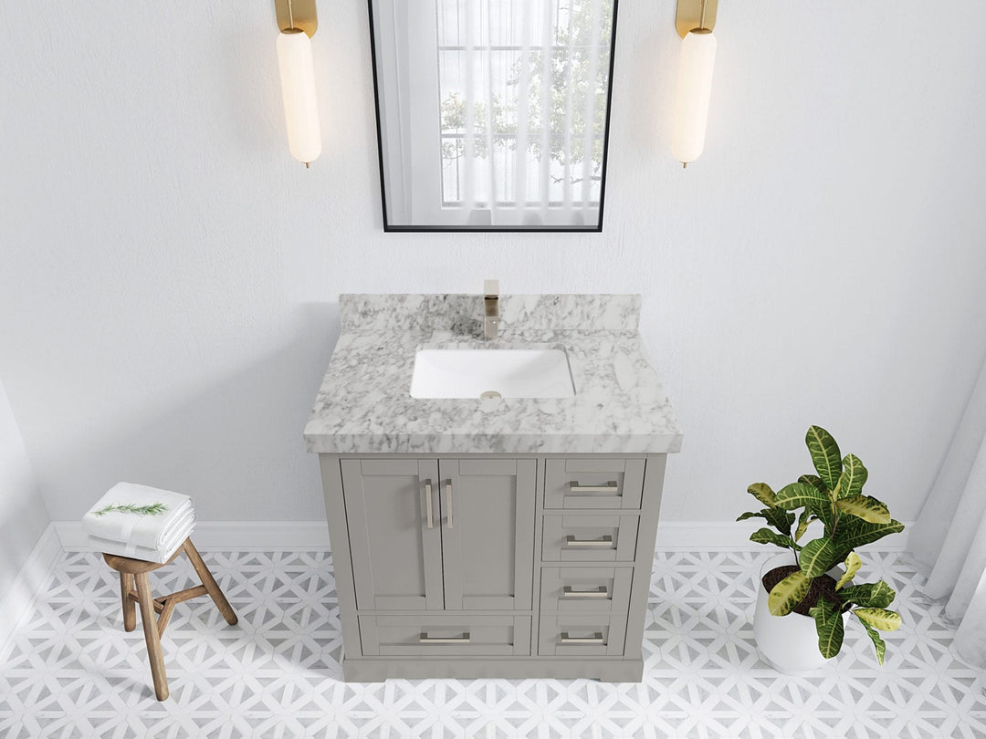 Boston 36 in. W x 22 in. D Single Sink Bathroom Vanity in Elephant Skin Gray with 2 in Carrara Marble Countertop - Top View