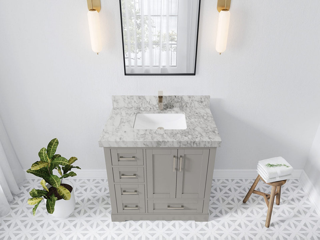 Boston 36 in. W x 22 in. D Single Sink Bathroom Vanity in Elephant Skin Gray with 2 in Carrara Marble Countertop - Top View