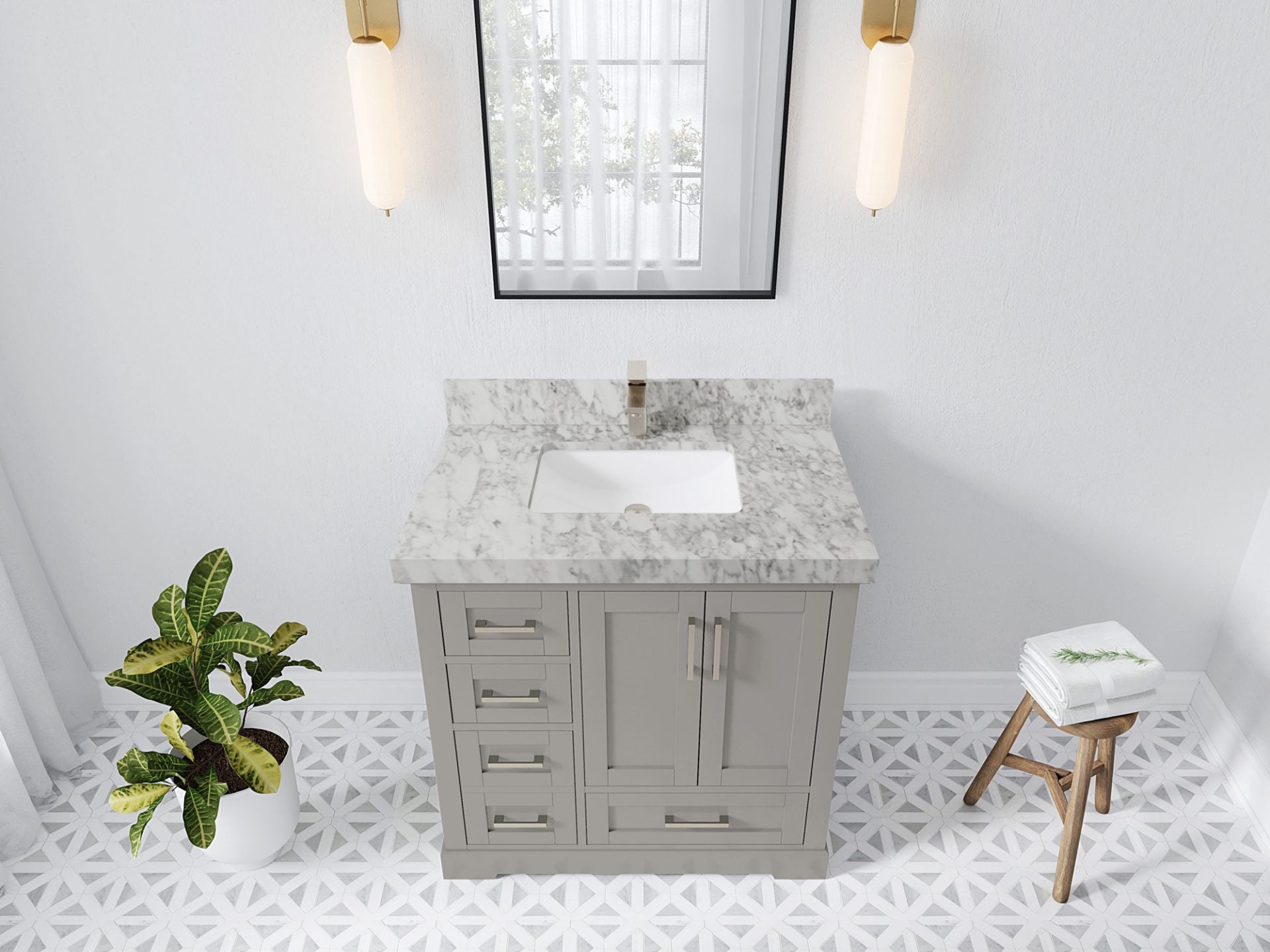 Boston 36 in. W x 22 in. D Single Sink Bathroom Vanity in Elephant Skin Gray with 2 in Carrara Marble Countertop - Top View