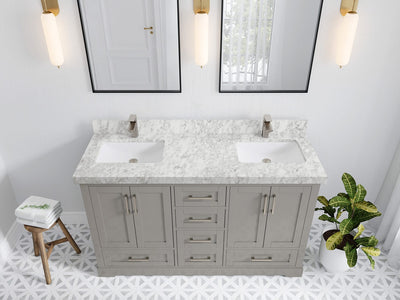 Boston 60 in. W x 22 in. D Double Sink Bathroom Vanity in Elephant Skin Gray with 2 in Carrara Marble Countertop - Top View