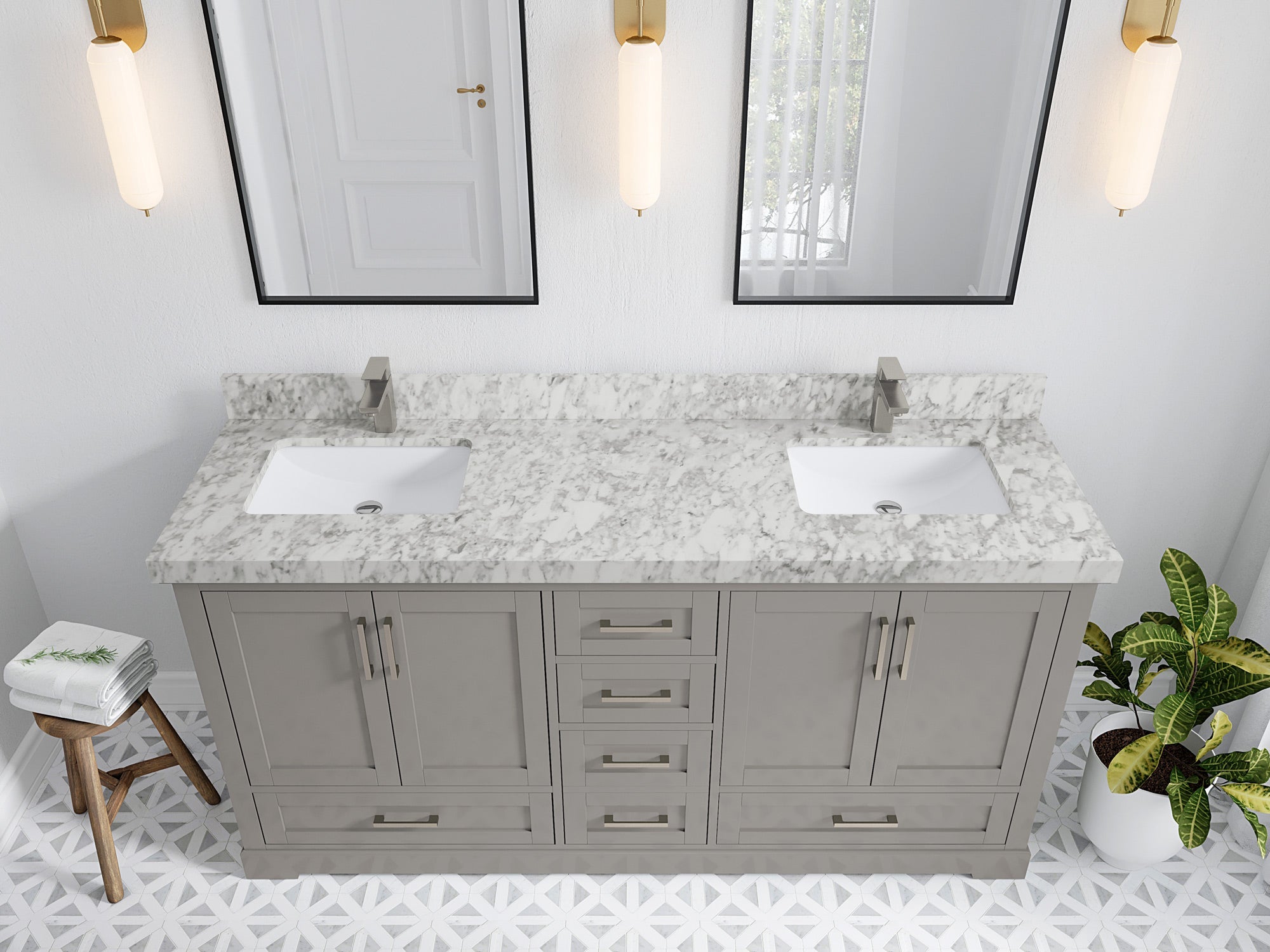 Boston 72 in. W x 22 in. D Double Sink Bathroom Vanity in Elephant Skin Gray with 2 in Carrara Marble Countertop - Top View