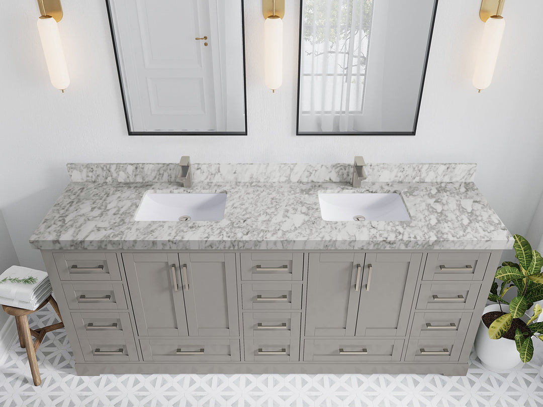 Boston 84 in. W x 22 in. D Double Sink Bathroom Vanity in Elephant Skin Gray with 2 in Carrara Marble Countertop - Top View