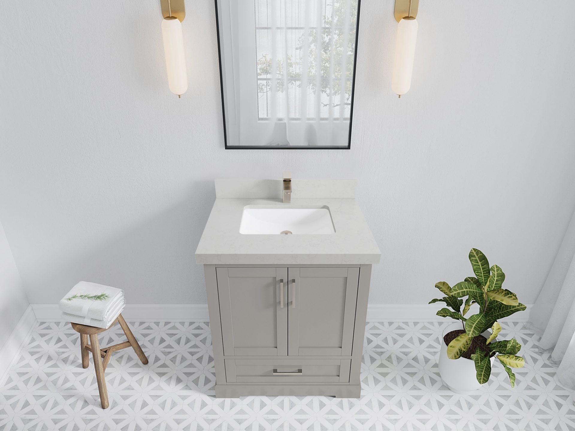 Boston 30 in. W x 22 in. D Single Sink Bathroom Vanity in Elephant Skin Gray with 2 in Carrara Quartz Countertop - Top View