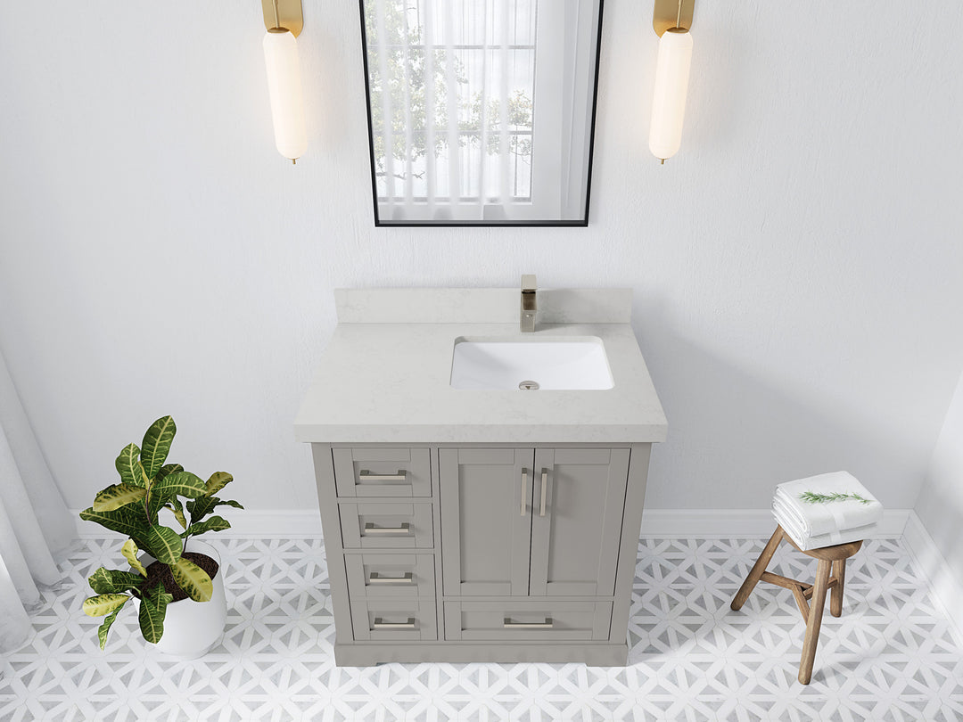 Boston 36 in. W x 22 in. D Single Sink Bathroom Vanity in Elephant Skin Gray with 2 in Carrara Quartz Countertop - Top View