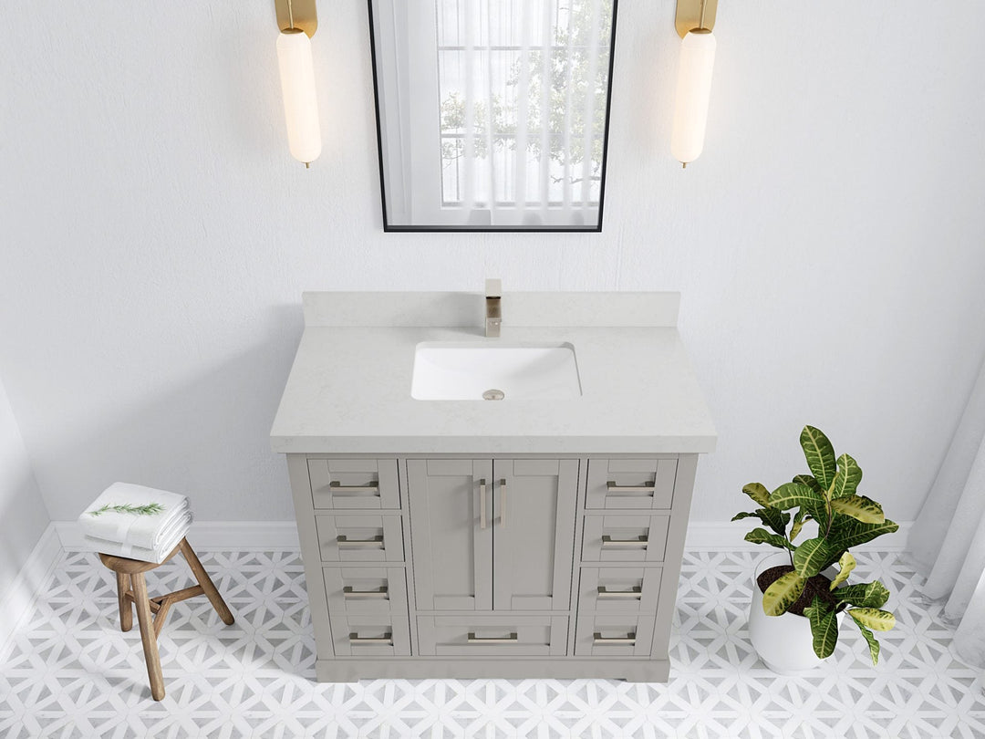 Boston 42 in. W x 22 in. D Double Sink Bathroom Vanity in Elephant Skin Gray with 2 in Carrara Quartz Countertop - Top View