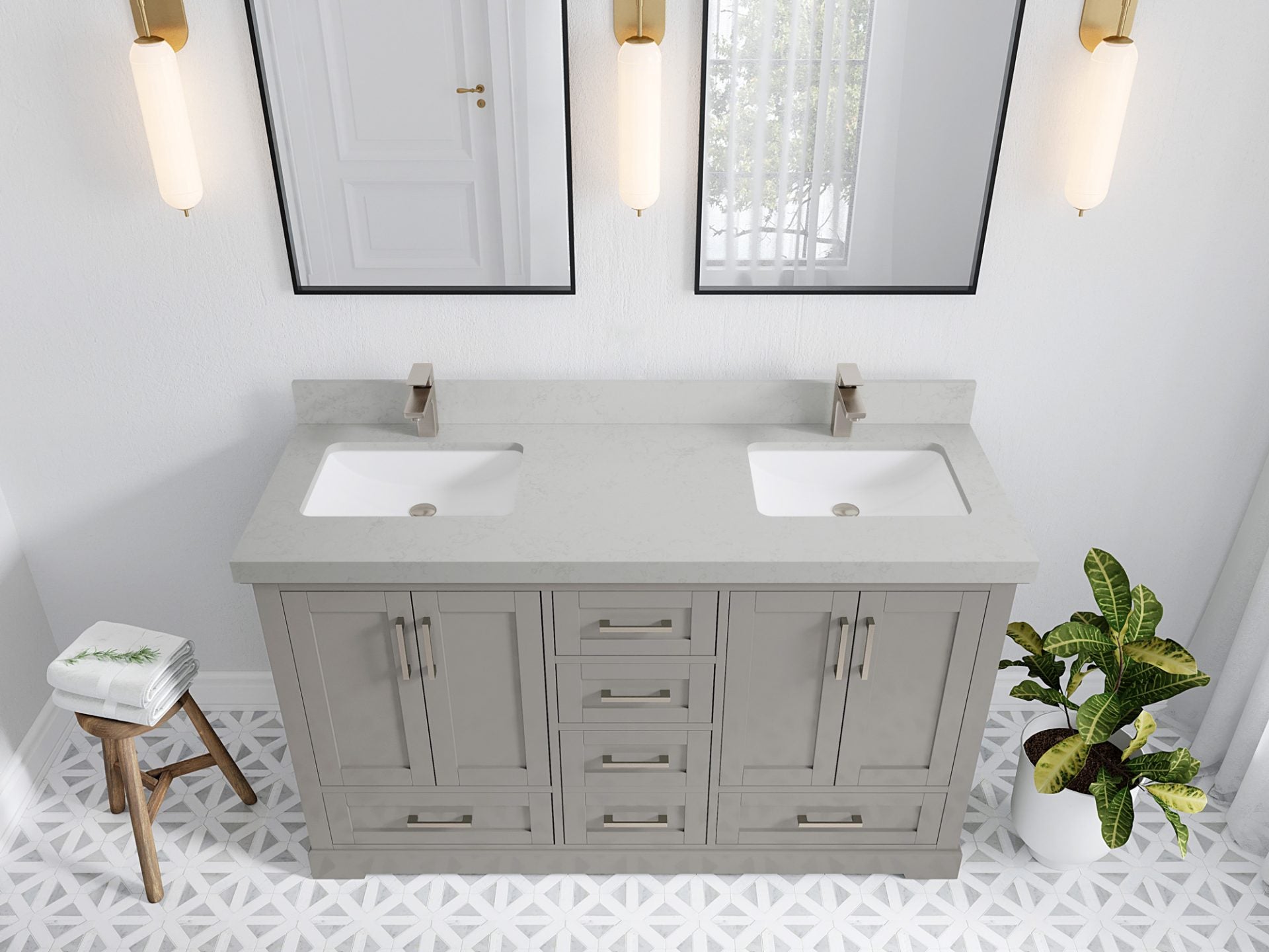 Boston 60 in. W x 22 in. D Double Sink Bathroom Vanity in Elephant Skin Gray with 2 in Carrara Quartz Countertop - Top View