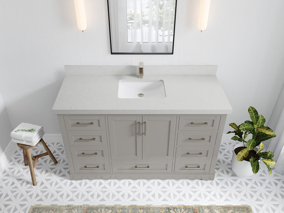 Boston 60 in. W x 22 in. D Single Sink Bathroom Vanity in Elephant Skin Gray with 2 in Carrara Quartz Countertop - Top View