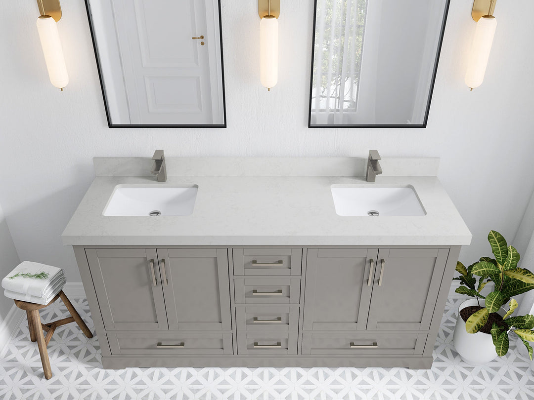 Boston 72 in. W x 22 in. D Double Sink Bathroom Vanity in Elephant Skin Gray with 2 in Carrara Quartz Countertop - Top View