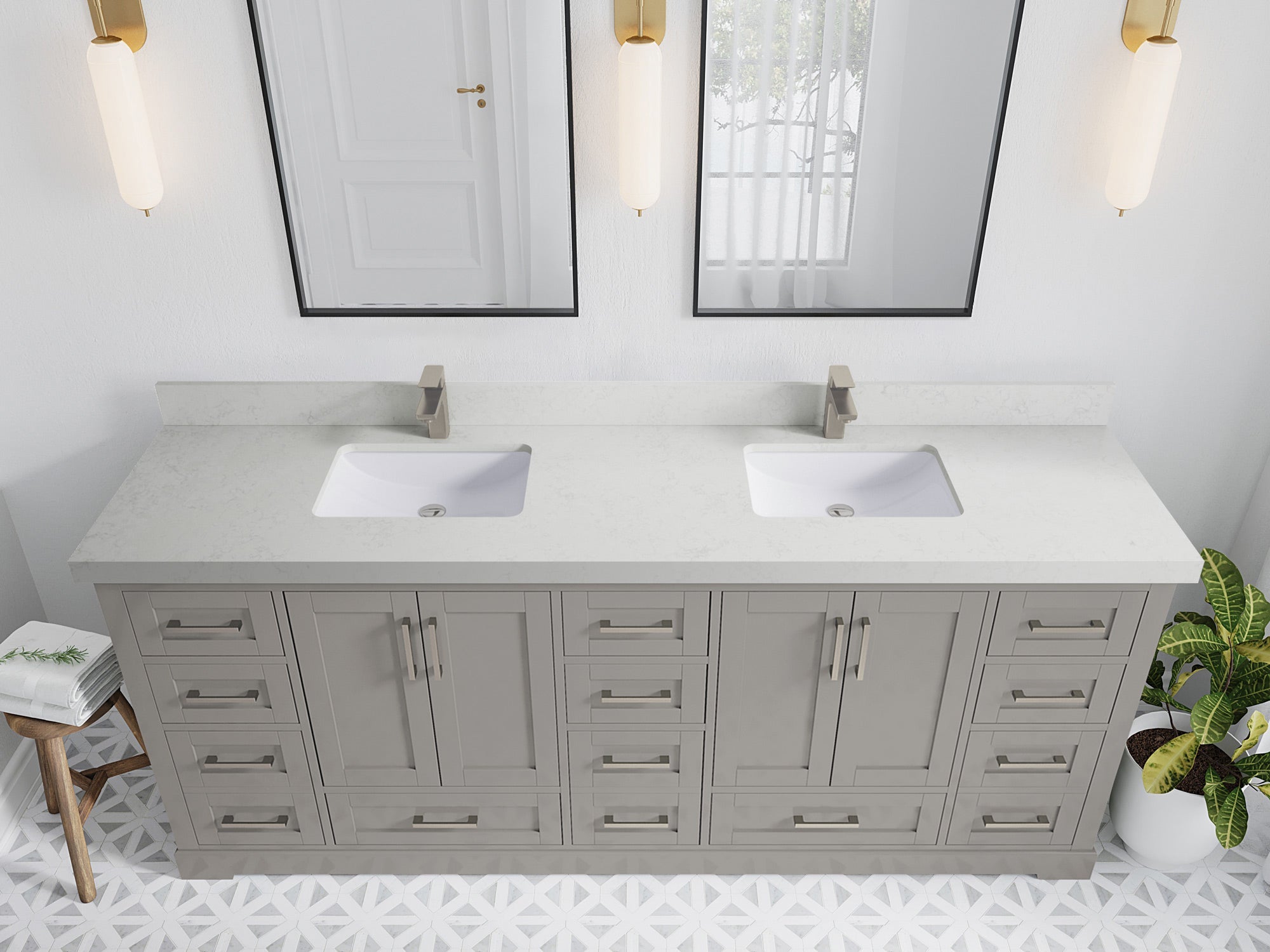 Boston 84 in. W x 22 in. D Double Sink Bathroom Vanity in Elephant Skin Gray with 2 in Carrara Quartz Countertop - Top View