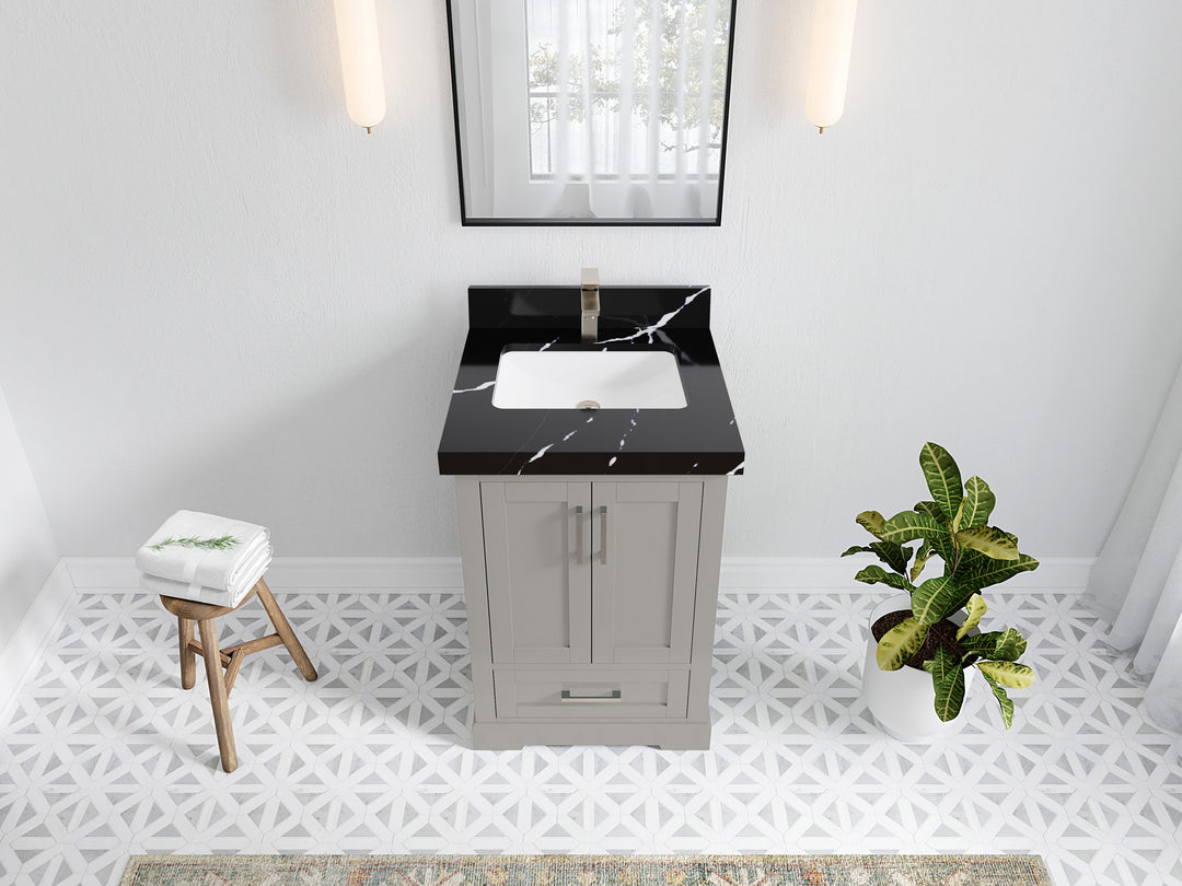 Boston 24 in. W x 22 in. D Single Sink Bathroom Vanity in Elephant Skin Gray with 2 in Calacatta Black Quartz Countertop - Top View