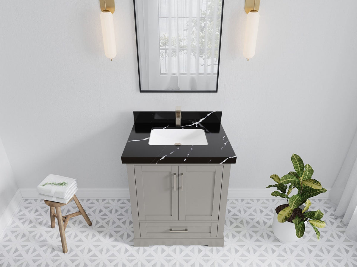 Boston 30 in. W x 22 in. D Single Sink Bathroom Vanity in Elephant Skin Gray with 2 in Calacatta Black Quartz Countertop - Top View