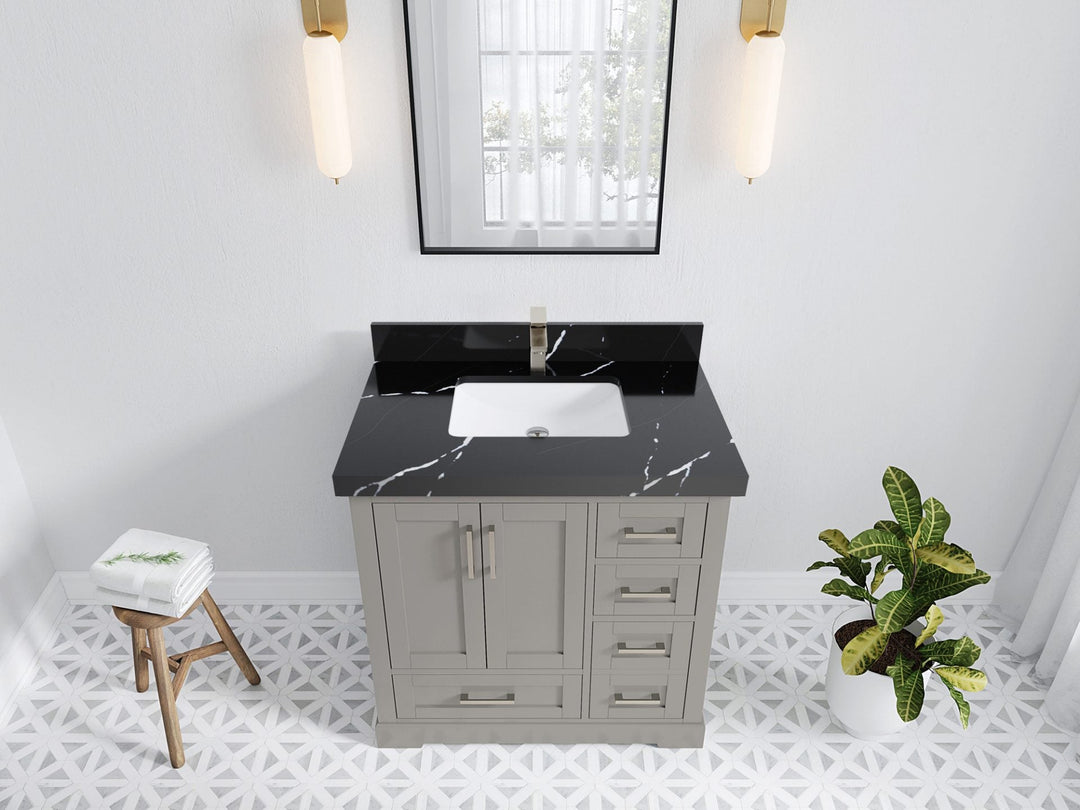 Boston 36 in. W x 22 in. D Single Sink Bathroom Vanity in Elephant Skin Gray with 2 in Calacatta Black Quartz Countertop - Top View