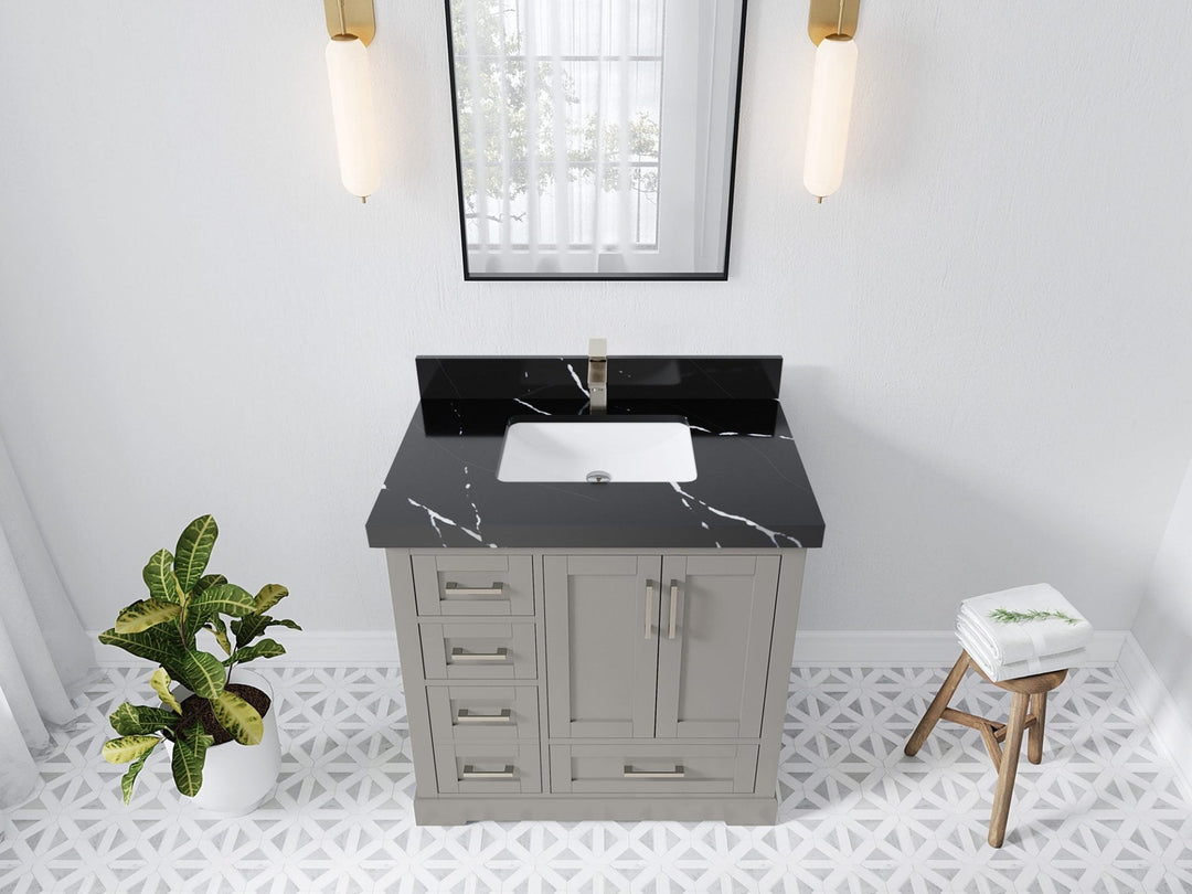 Boston 36 in. W x 22 in. D Single Sink Bathroom Vanity in Elephant Skin Gray with 2 in Calacatta Black Quartz Countertop - Top View