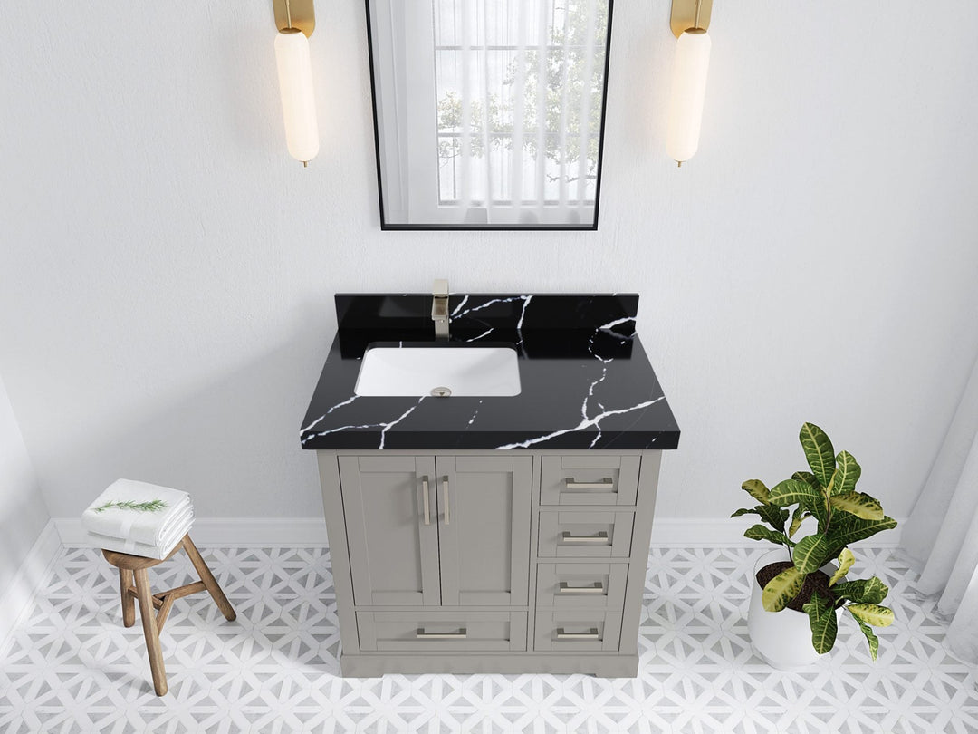 Boston 36 in. W x 22 in. D Single Sink Bathroom Vanity in Elephant Skin Gray with 2 in Calacatta Black Quartz Countertop - Top View