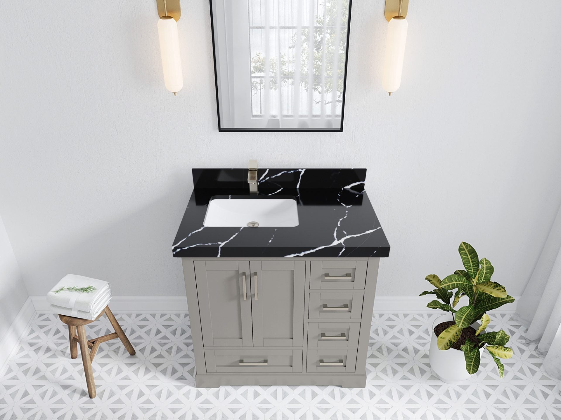 Boston 36 in. W x 22 in. D Single Sink Bathroom Vanity in Elephant Skin Gray with 2 in Calacatta Black Quartz Countertop - Top View