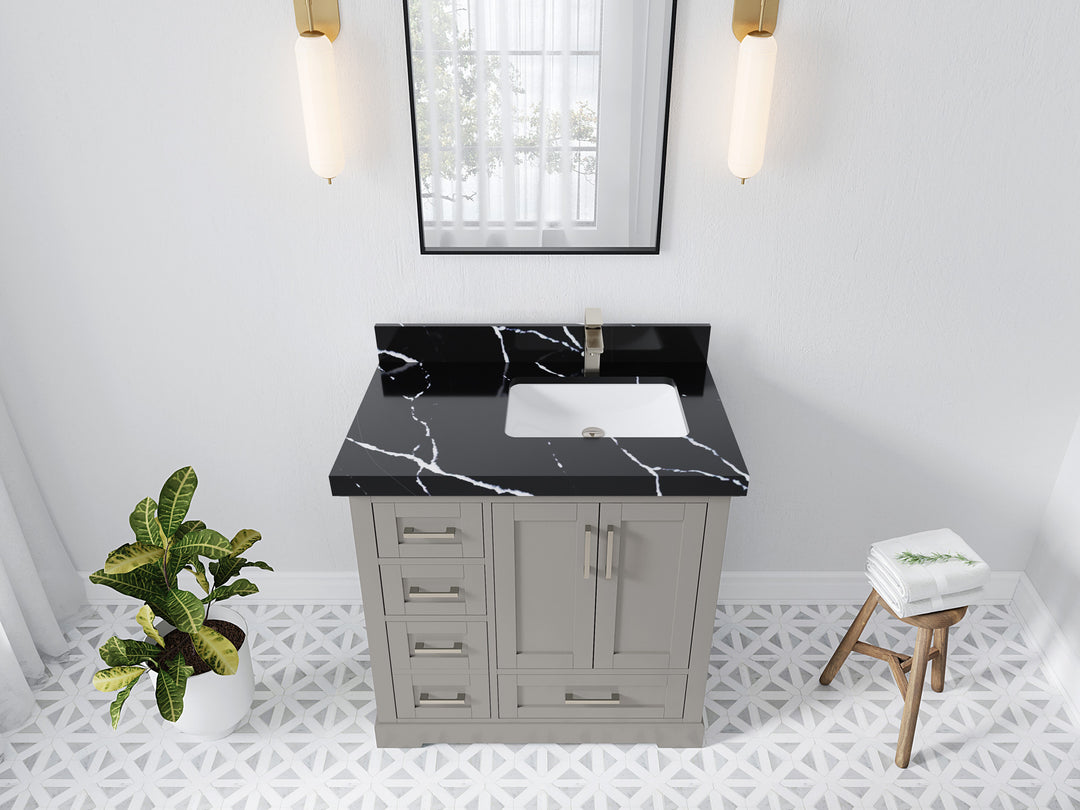 Boston 36 in. W x 22 in. D Single Sink Bathroom Vanity in Elephant Skin Gray with 2 in Calacatta Black Quartz Countertop - Top View