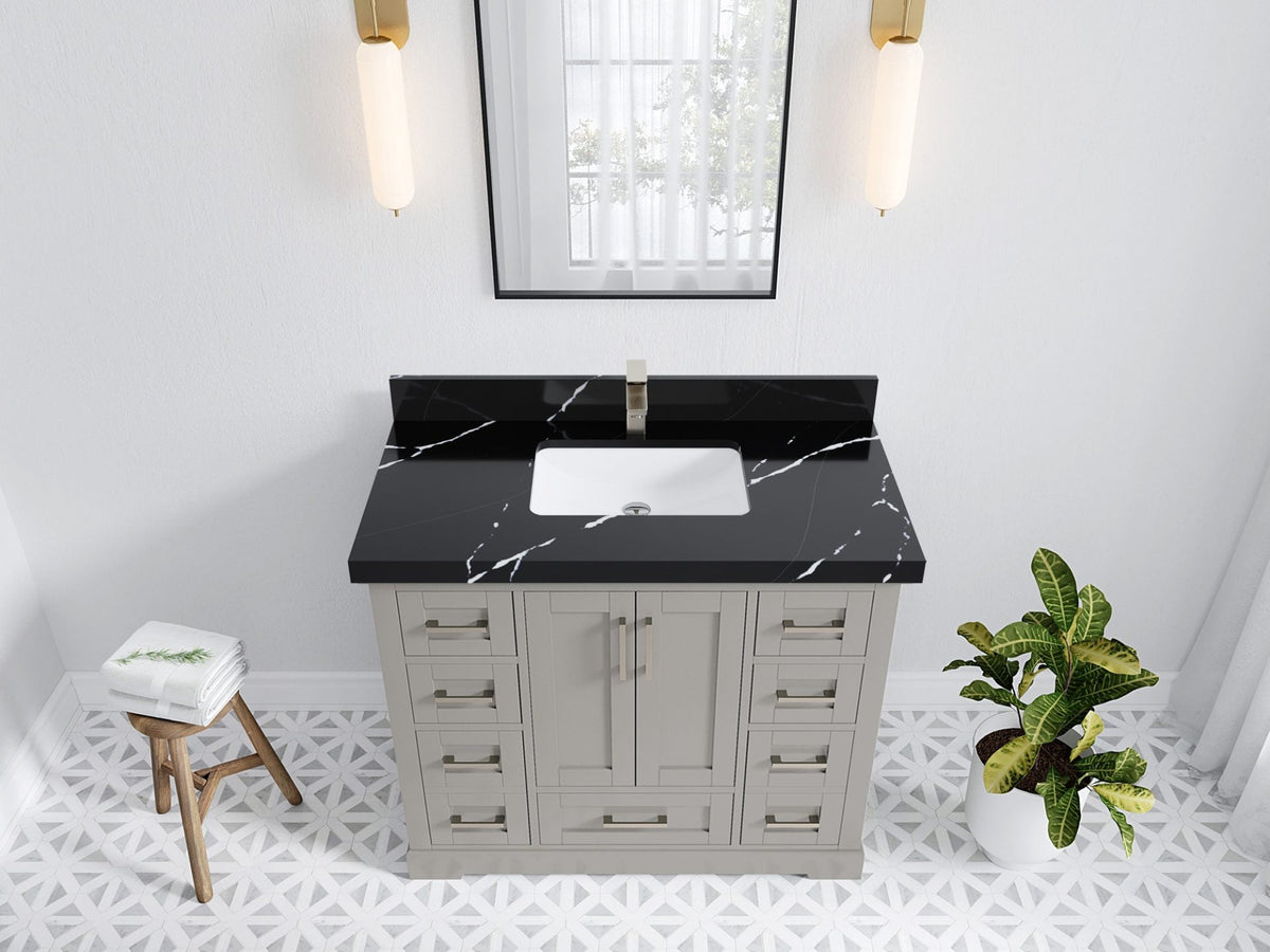Boston 42 in. W x 22 in. D Double Sink Bathroom Vanity in Elephant Skin Gray with 2 in Calacatta Black Quartz Countertop - Top View