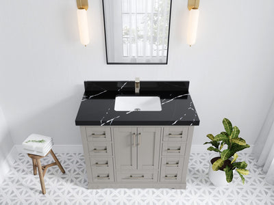 Boston 42 in. W x 22 in. D Double Sink Bathroom Vanity in Elephant Skin Gray with 2 in Calacatta Black Quartz Countertop - Top View