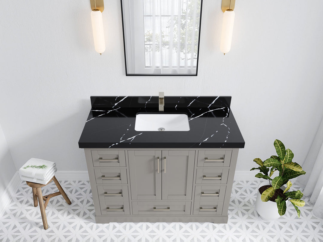 Boston 48 in. W x 22 in. D Single Sink Bathroom Vanity in Elephant Skin Gray with 2 in Calacatta Black Quartz Countertop - Top View