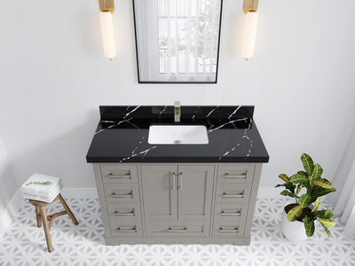 Boston 48 in. W x 22 in. D Single Sink Bathroom Vanity in Elephant Skin Gray with 2 in Calacatta Black Quartz Countertop - Top View