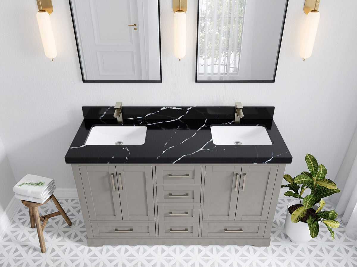 Boston 60 in. W x 22 in. D Double Sink Bathroom Vanity in Elephant Skin Gray with 2 in Calacatta Black Quartz Countertop - Top View