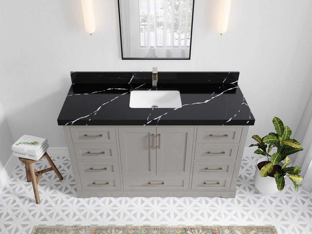 Boston 60 in. W x 22 in. D Single Sink Bathroom Vanity in Elephant Skin Gray with 2 in Calacatta Black Quartz Countertop - Top View