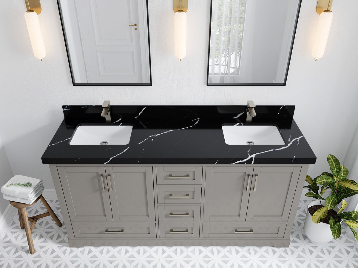 Boston 72 in. W x 22 in. D Double Sink Bathroom Vanity in Elephant Skin Gray with 2 in Calacatta Black Quartz Countertop - Top View