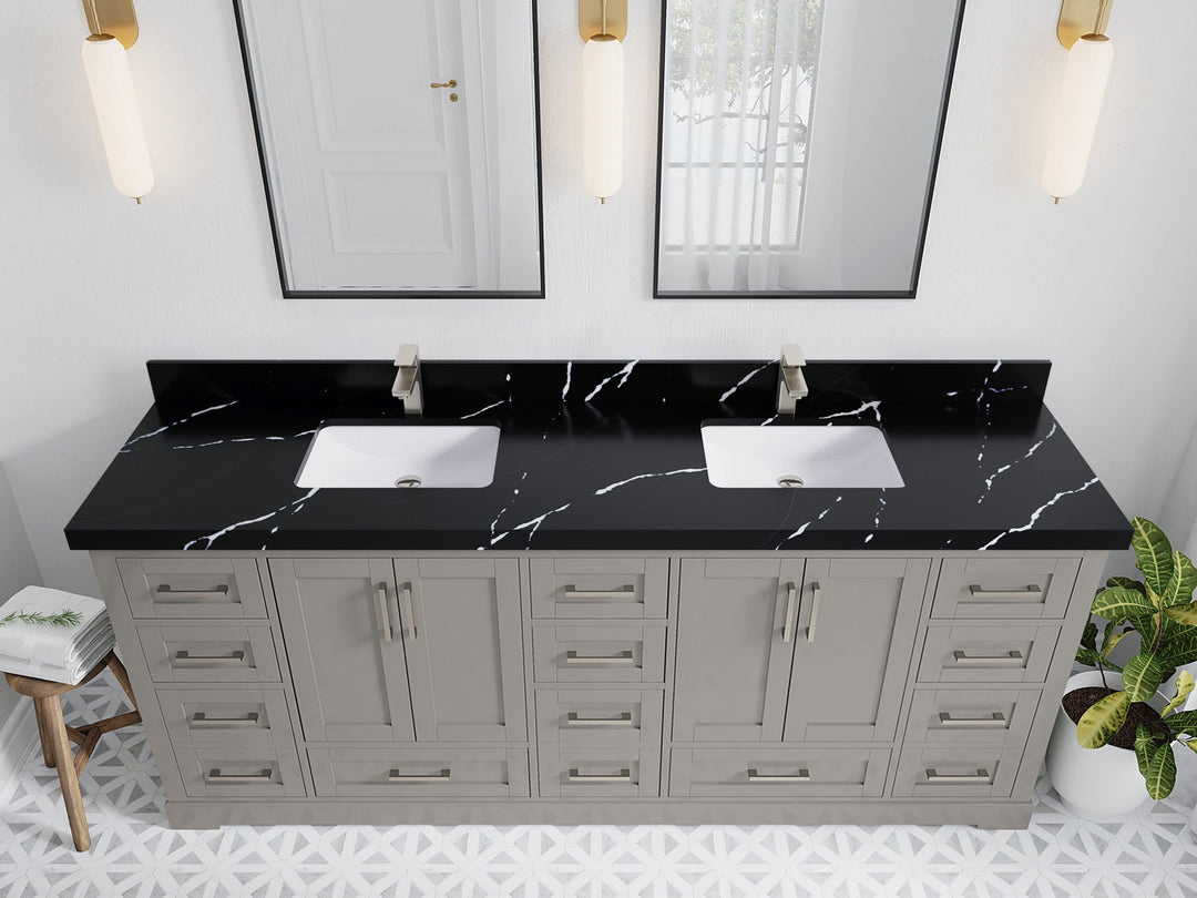 Boston 84 in. W x 22 in. D Double Sink Bathroom Vanity in Elephant Skin Gray with 2 in Calacatta Black Quartz Countertop - Top View