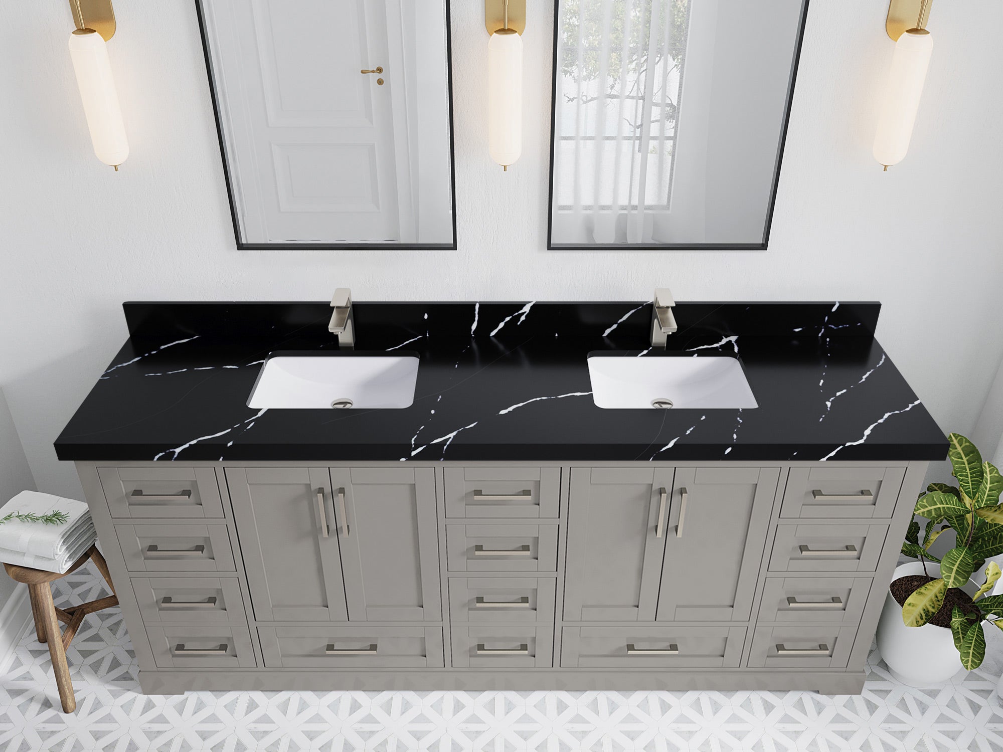Boston 84 in. W x 22 in. D Double Sink Bathroom Vanity in Elephant Skin Gray with 2 in Calacatta Black Quartz Countertop - Top View