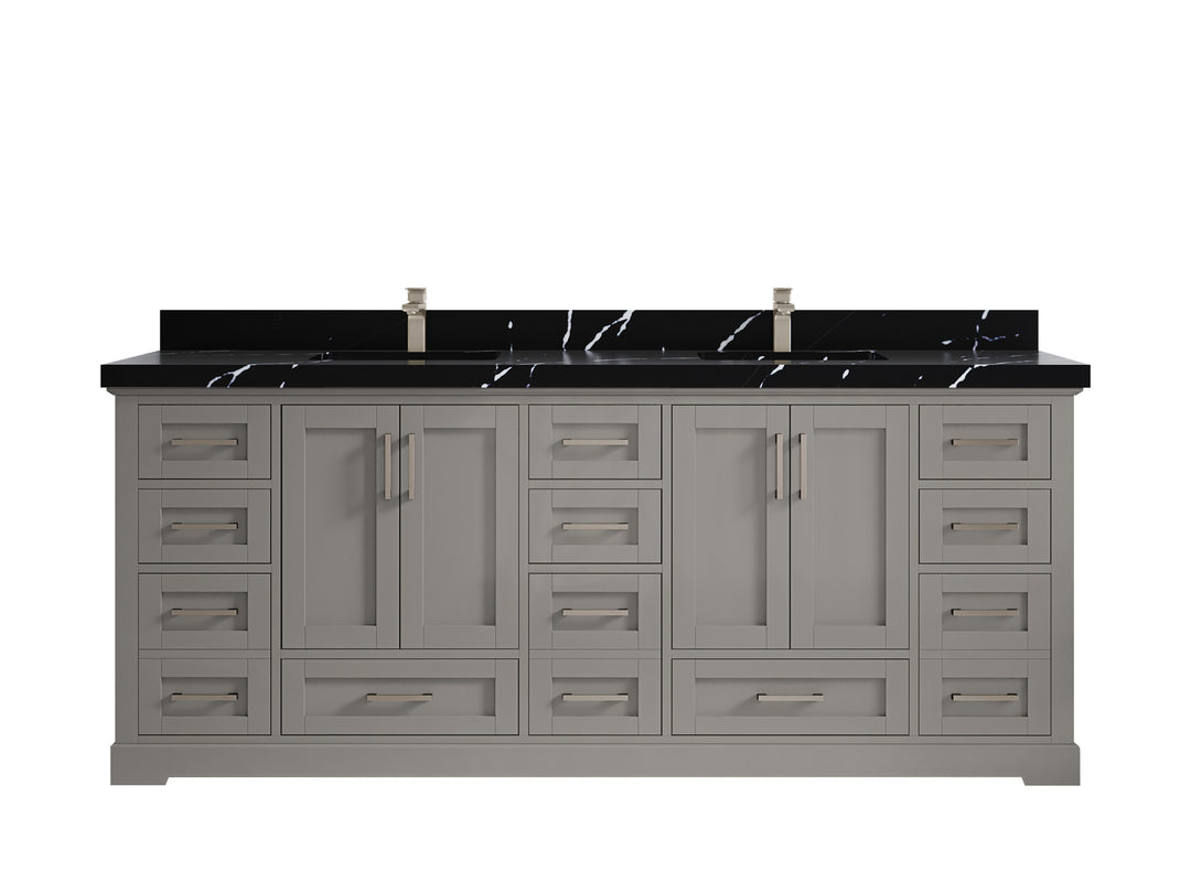 Boston 84 in. W x 22 in. D Double Sink Bathroom Vanity in Elephant Skin Gray with 2 in Calacatta Black Countertop