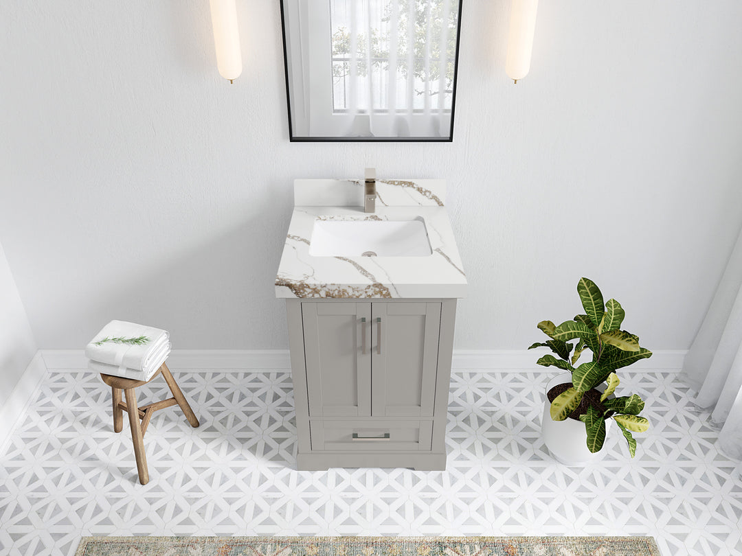 Boston 24 in. W x 22 in. D Single Sink Bathroom Vanity in Elephant Skin Gray with 2 in Calacatta Gold Quartz Countertop - Top View