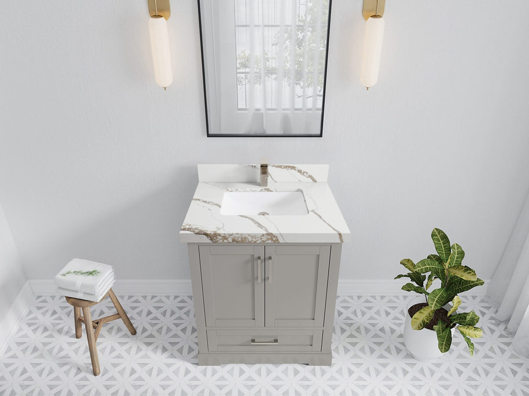 Boston 30 in. W x 22 in. D Single Sink Bathroom Vanity in Elephant Skin Gray with 2 in Calacatta Gold Quartz Countertop - Top View