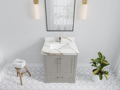 Boston 30 in. W x 22 in. D Single Sink Bathroom Vanity in Elephant Skin Gray with 2 in Calacatta Gold Quartz Countertop - Top View