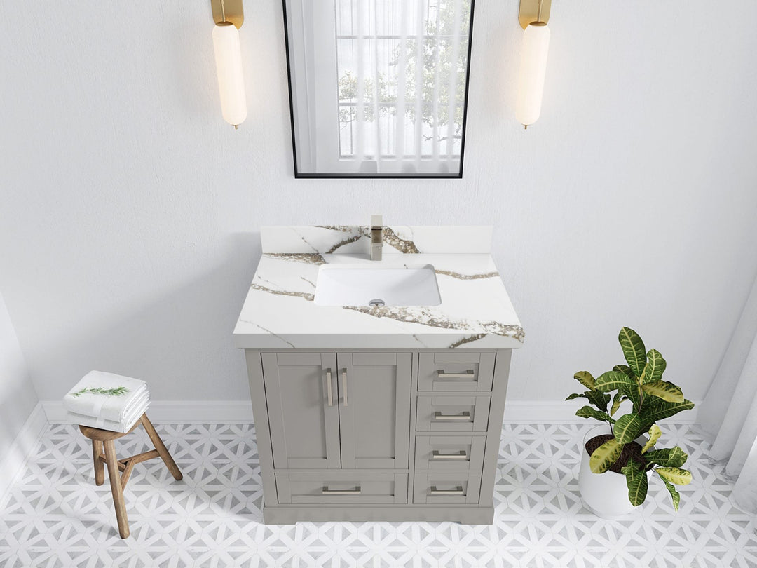 Boston 36 in. W x 22 in. D Single Sink Bathroom Vanity in Elephant Skin Gray with 2 in Calacatta Gold Quartz Countertop - Top View
