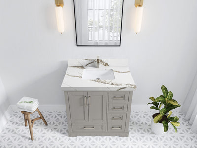 Boston 36 in. W x 22 in. D Single Sink Bathroom Vanity in Elephant Skin Gray with 2 in Calacatta Gold Quartz Countertop - Top View