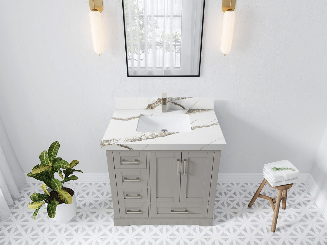 Boston 36 in. W x 22 in. D Single Sink Bathroom Vanity in Elephant Skin Gray with 2 in Calacatta Gold Quartz Countertop - Top View