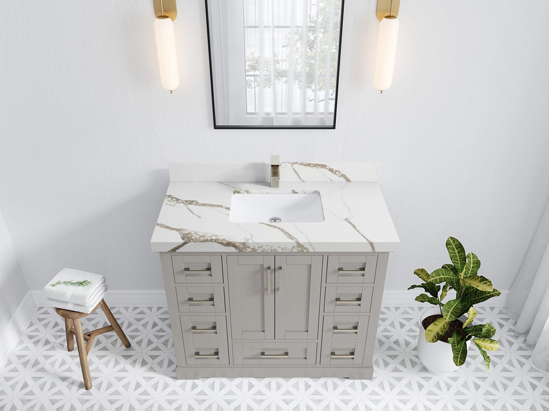 Boston 42 in. W x 22 in. D Double Sink Bathroom Vanity in Elephant Skin Gray with 2 in Calacatta Gold Quartz Countertop - Top View