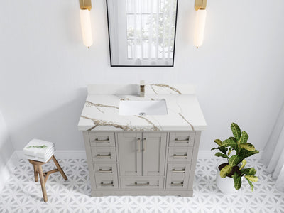 Boston 42 in. W x 22 in. D Double Sink Bathroom Vanity in Elephant Skin Gray with 2 in Calacatta Gold Quartz Countertop - Top View