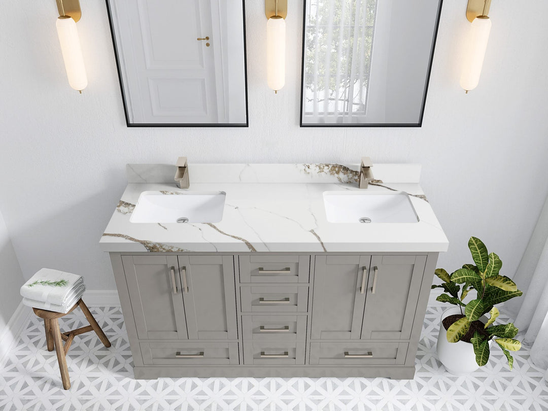 Boston 60 in. W x 22 in. D Double Sink Bathroom Vanity in Elephant Skin Gray with 2 in Calacatta Gold Quartz Countertop - Top View