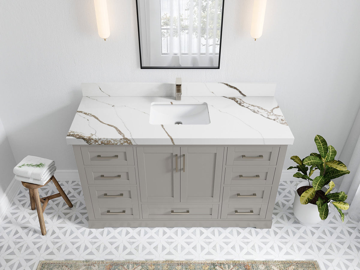 Boston 60 in. W x 22 in. D Single Sink Bathroom Vanity in Elephant Skin Gray with 2 in Calacatta Gold Quartz Countertop - Top View